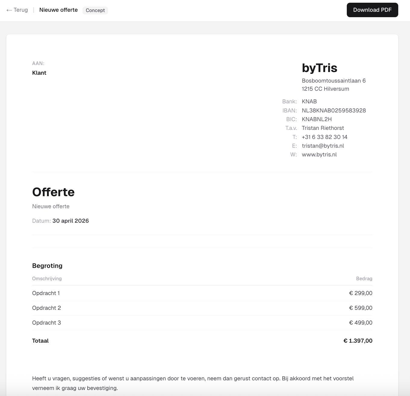 Generated PDF preview of a proposal