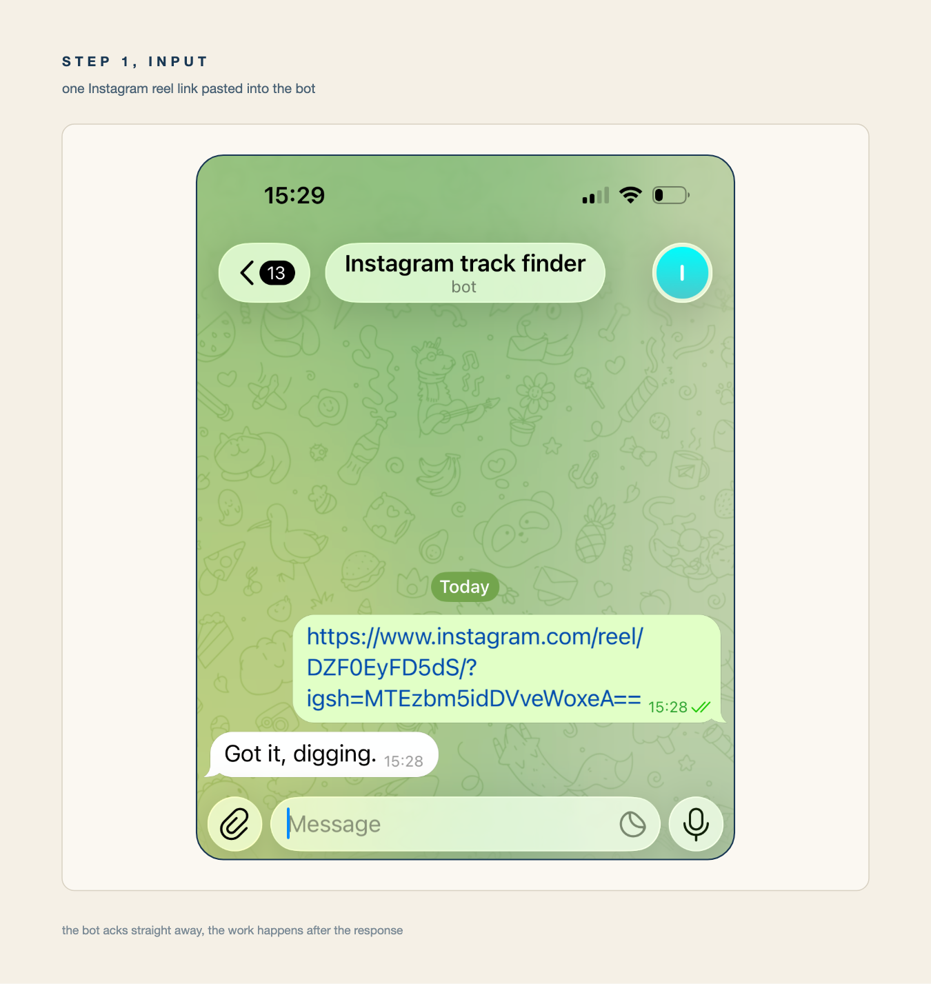 Telegram chat with a shared Instagram post and the bot's acknowledgement
