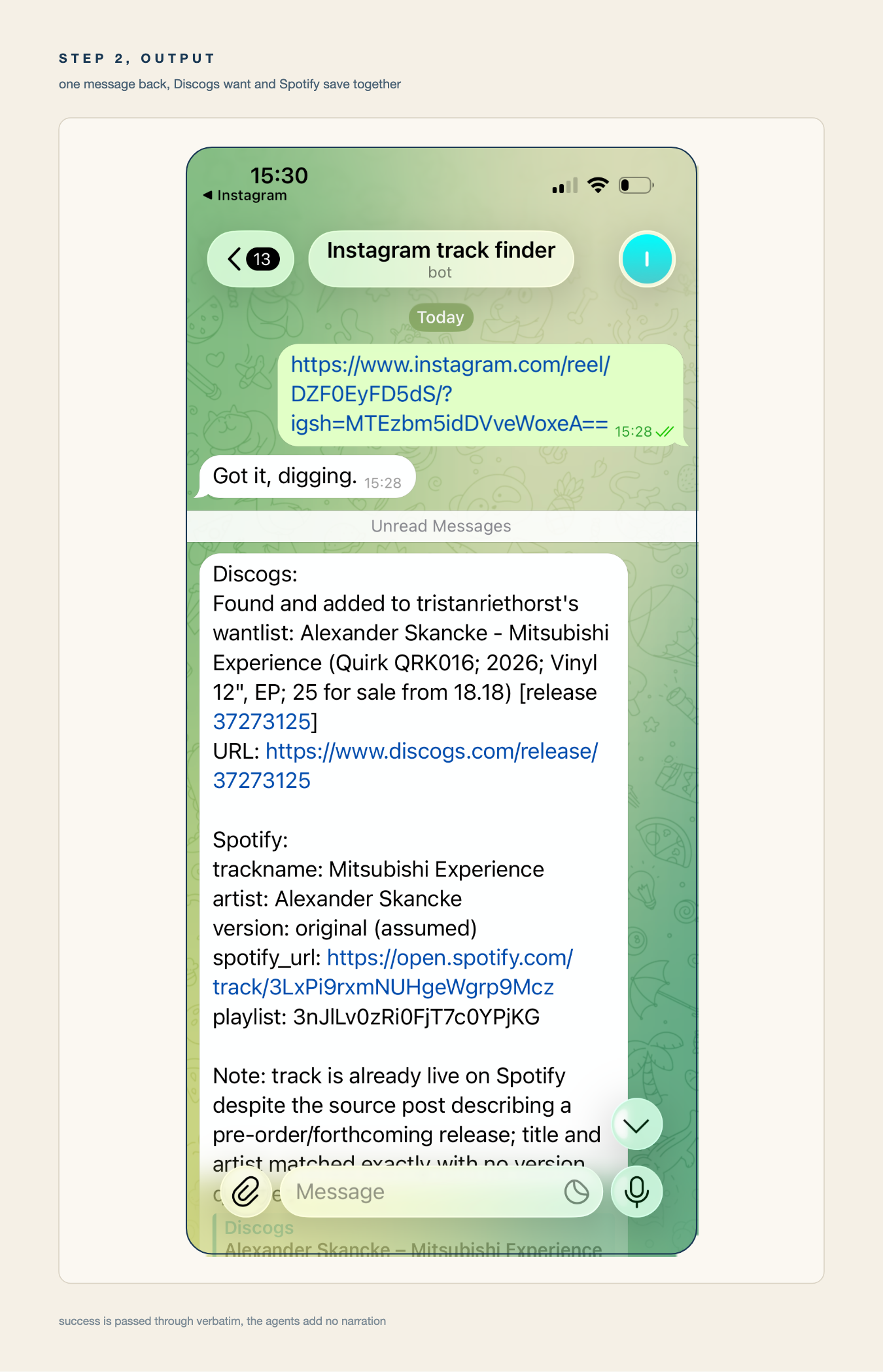 The final Telegram message with the Discogs and Spotify results